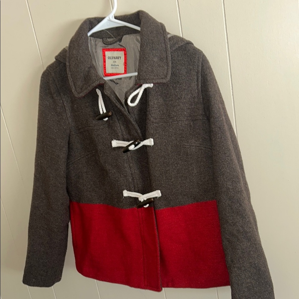 Old Navy Gray and Red Pea Coat with Toggle Closures